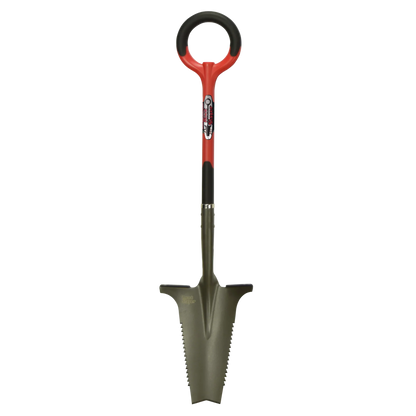 Pelle de jardin ergonomique avec lame crantée et manche rouge, outil de désherbage